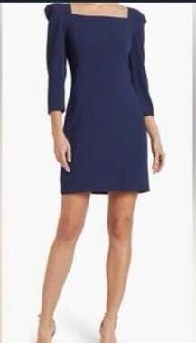 Trina Turk Memorable Dress Navy Blue Square Neck Puff Sleeve Sheath Dress